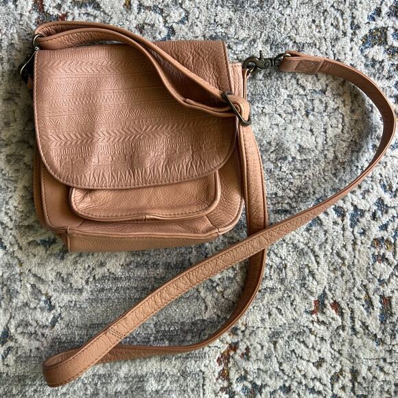 Small Day & Mood "Tribal-Like" Embossed Leather Crossbody Saddle Bag - Picture 1 of 12